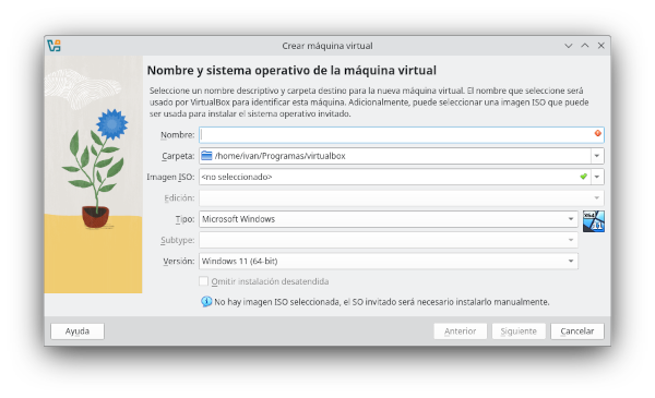 Pantalla para crear unha nova máquina virtual